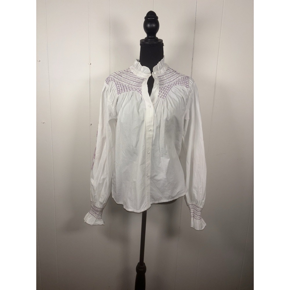 veroalfie‎ embroidered ruggle smocked blouse white Puff Sleeve Anthropologie 2